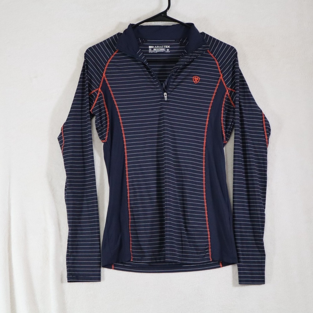 Ariat Tek Heat Series Womens XS Navy Striped 1/4 Zip Baselayer Equestrian Top